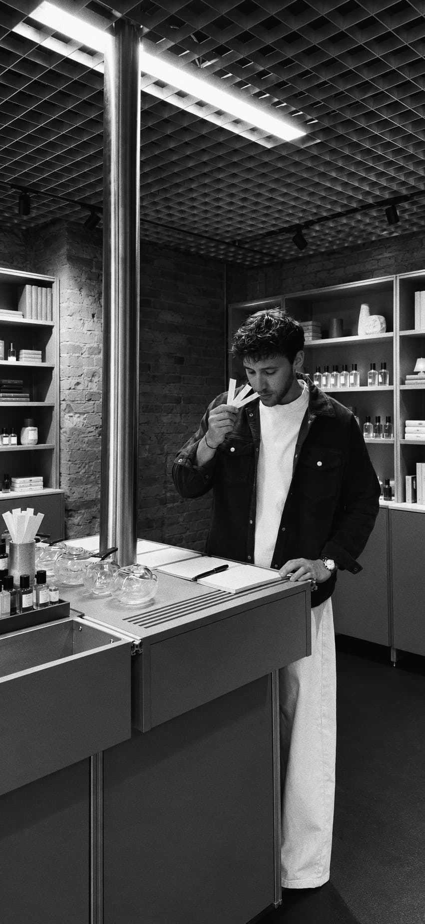 Fred exploring fragrances with scent blotters